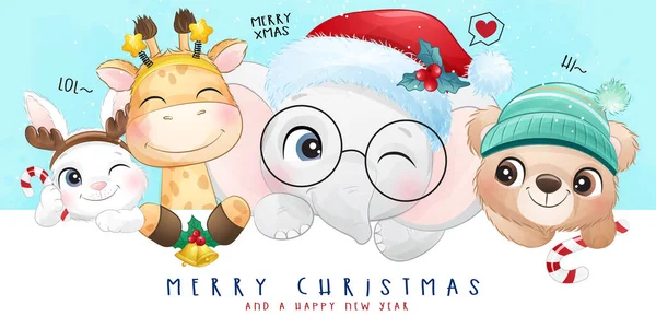 Hewan Corat Coret Yang Lucu Untuk Hari Natal Dengan Ilustrasi - Stok Vektor