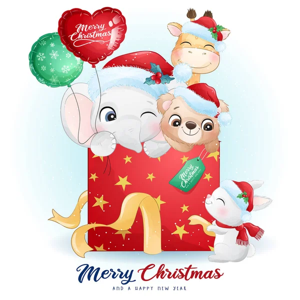 Bonito Doodle Animais Para Dia Natal Com Ilustração Aquarela —  Vetores de Stock