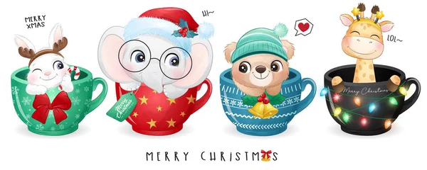 Cute Doodle Zwierząt Boże Narodzenie Ilustracją Akwarela — Wektor stockowy