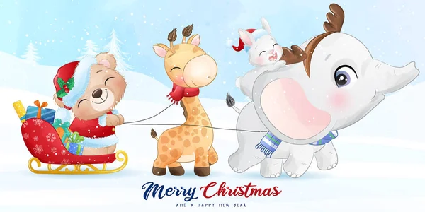 Bonito Doodle Animais Para Dia Natal Com Ilustração Aquarela —  Vetores de Stock