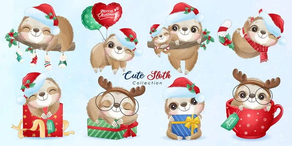 Cute Doodle Sloth Set Christmas Day Watercolor Illustration — Stock Vector