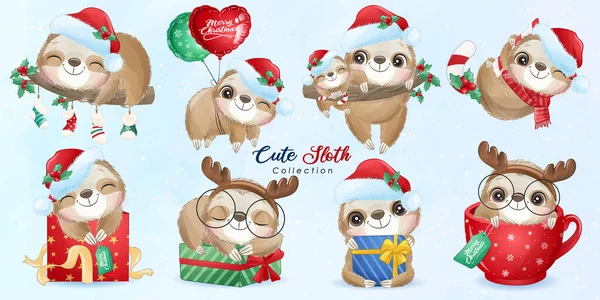 Carino Doodle Bradipo Set Giorno Natale Con Acquerello Illustrazione — Vettoriale Stock