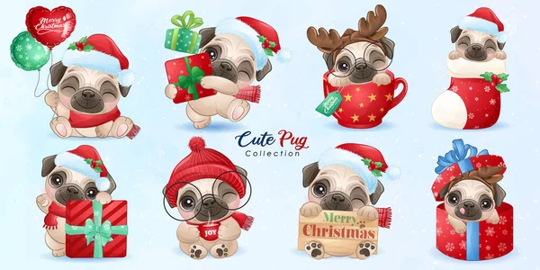 Cute Doodle Pug Set Christmas Day Watercolor Illustration — Stock Vector