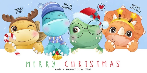 Dinosaurus Corat Coret Yang Lucu Untuk Hari Natal Dengan Ilustrasi - Stok Vektor