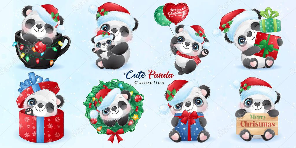 Cute doodle panda set for christmas day with watercolor illustration