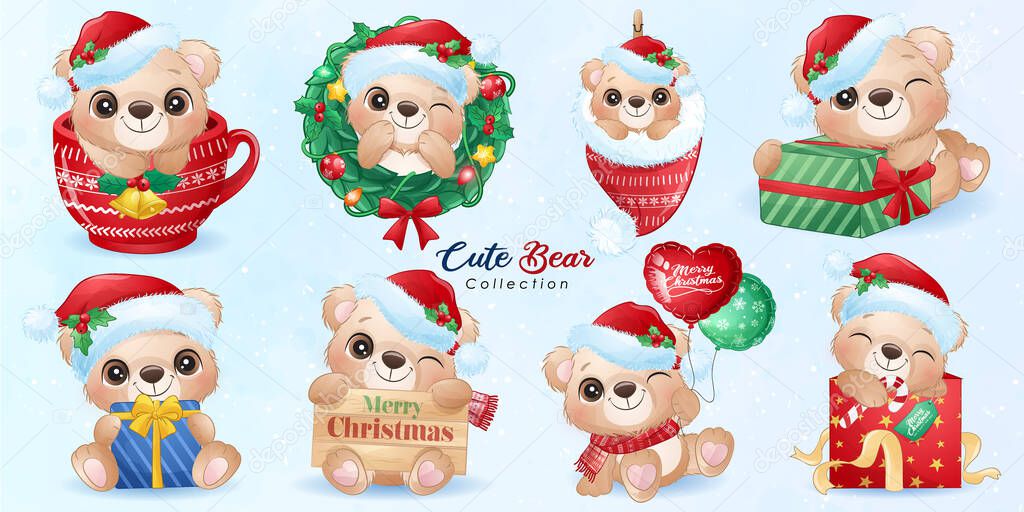 Cute doodle bear set for christmas day with watercolor illustration