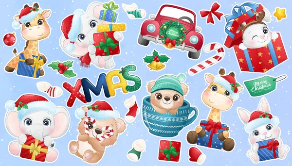 Bonito Doodle Animal Para Dia Natal Com Coleção Adesivos —  Vetores de Stock