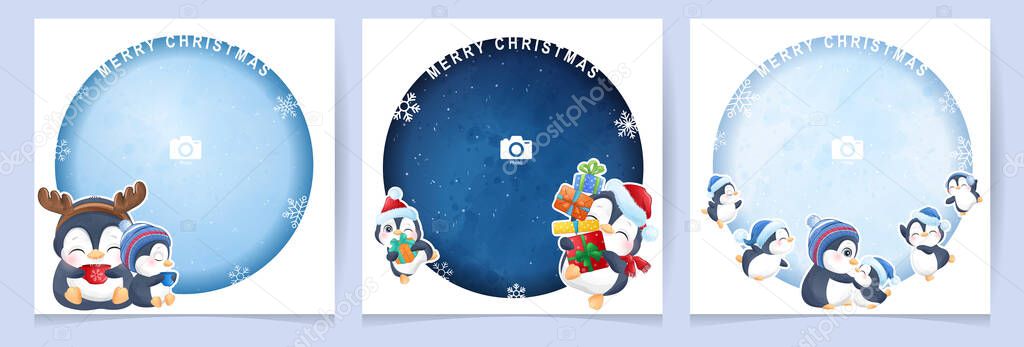 Cute doodle penguin for christmas day with photo frame collection