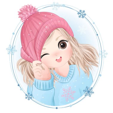 Suluboya resimli el çizimi şirin küçük kız.