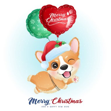Noel için suluboya resimli şirin karalama Corgi.
