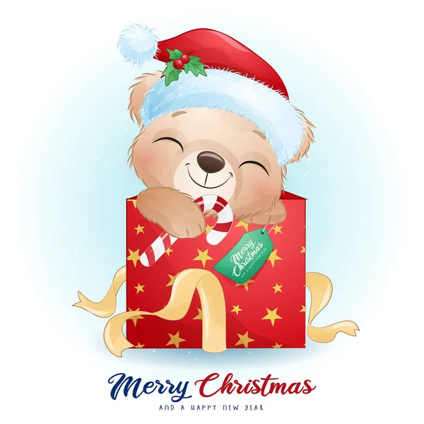 Urso Bonito Doodle Para Dia Natal Com Ilustração Aquarela — Vetor de Stock