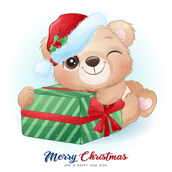 Urso Bonito Doodle Para Dia Natal Com Ilustração Aquarela — Vetor de Stock