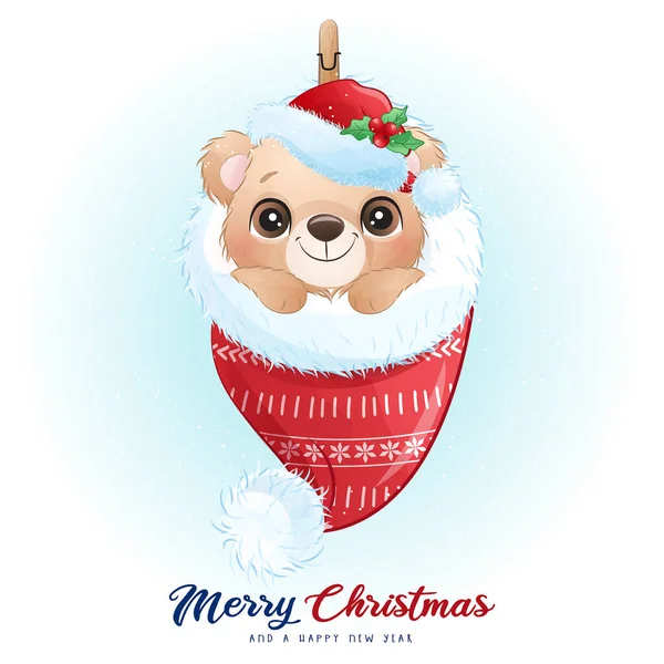 Urso Bonito Doodle Para Dia Natal Com Ilustração Aquarela —  Vetores de Stock