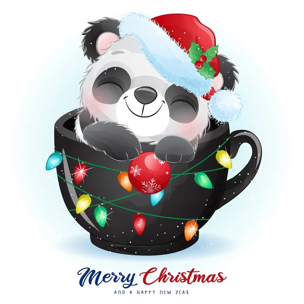 Leuke Doodle Panda Voor Kerst Dag Met Aquarel Illustratie — Stockvector