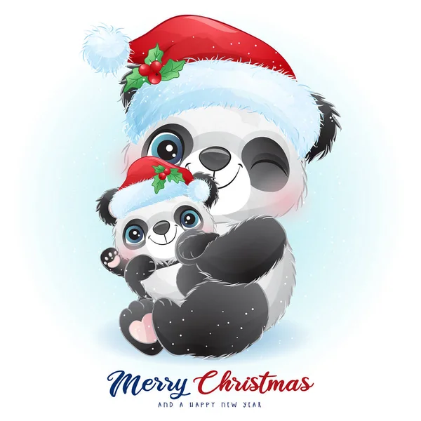 Χαριτωμένο Doodle Panda Για Την Ημέρα Των Χριστουγέννων Ακουαρέλα Εικόνα — Διανυσματικό Αρχείο