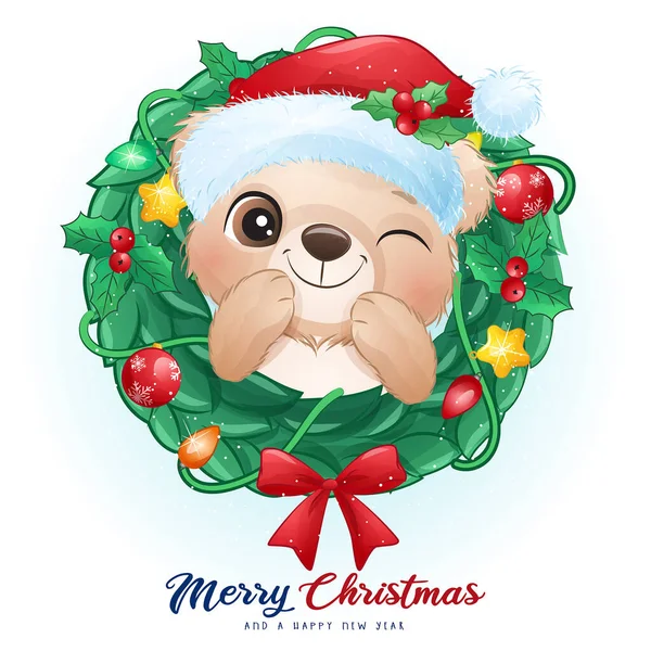 Urso Bonito Doodle Para Dia Natal Com Ilustração Aquarela —  Vetores de Stock