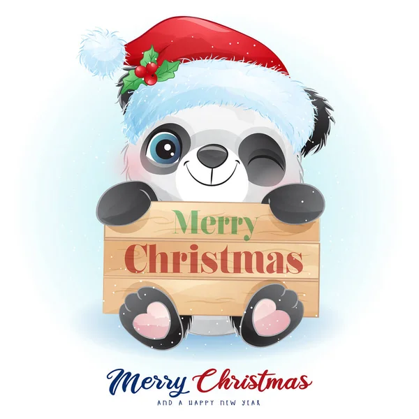 Cute Doodle Panda Boże Narodzenie Ilustracją Akwarela — Wektor stockowy