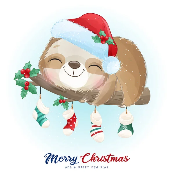 Χαριτωμένο Doodle Sloth Για Την Ημέρα Των Χριστουγέννων Ακουαρέλα Εικόνα — Διανυσματικό Αρχείο
