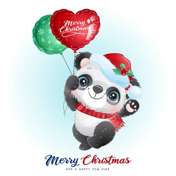 Noel Için Suluboya Resimli Şirin Karalama Pandası — Stok Vektör