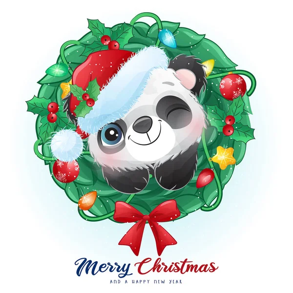 Aranyos Firka Panda Karácsonyra Akvarell Illusztráció — Stock Vector