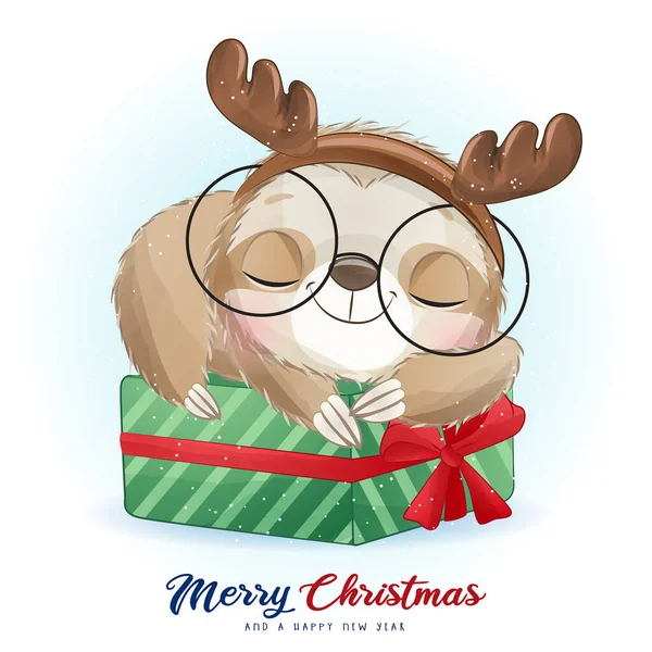 Preguiça Doodle Bonito Para Dia Natal Com Ilustração Aquarela —  Vetores de Stock