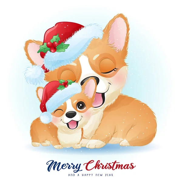 Söt Doodle Corgi För Jul Dag Med Akvarell Illustration — Stock vektor