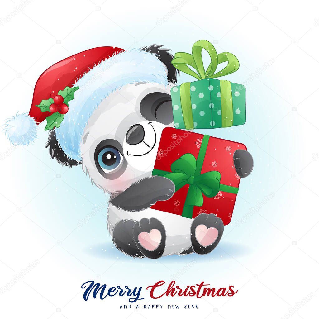 Cute doodle panda for christmas day with watercolor illustration