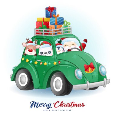 Tatlı noel baba ve arkadaşları suluboya resimli Noel günü için.