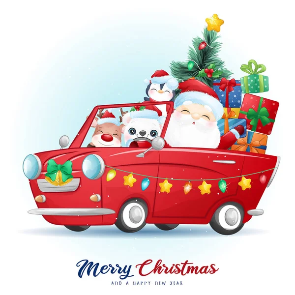 Tatlı noel baba ve arkadaşları suluboya resimli Noel günü için.