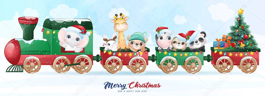 Cute doodle animals for christmas day with watercolor illustration