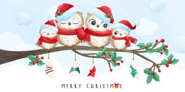 Cute doodle owl for christmas day with watercolor illustration clipart
