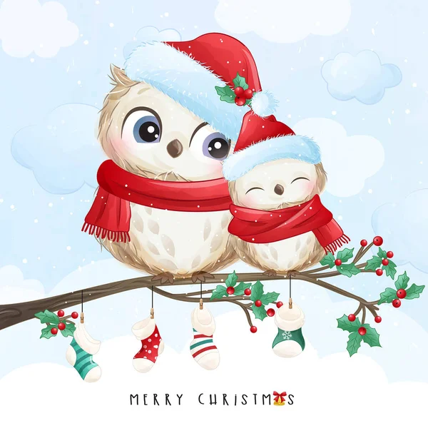 Suluboya resimli Noel günü için sevimli karalama baykuşu