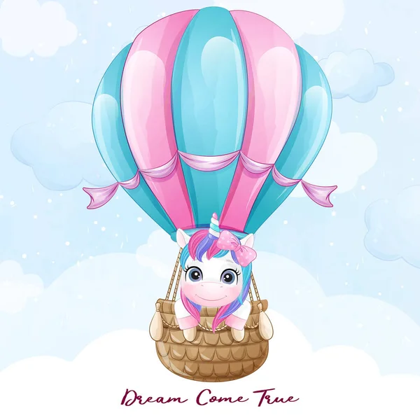 Nettes Doodle Einhorn Fliegen Mit Luftballon Illustration — Stockvektor