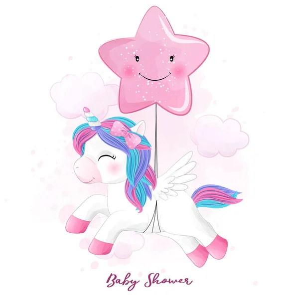 Suluboya resimli şirin karalama tek boynuzlu atı.