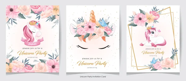 Χαριτωμένο Doodle Μονόκερος Λουλούδι Πρόσκληση Κάρτα Συλλογής — Διανυσματικό Αρχείο