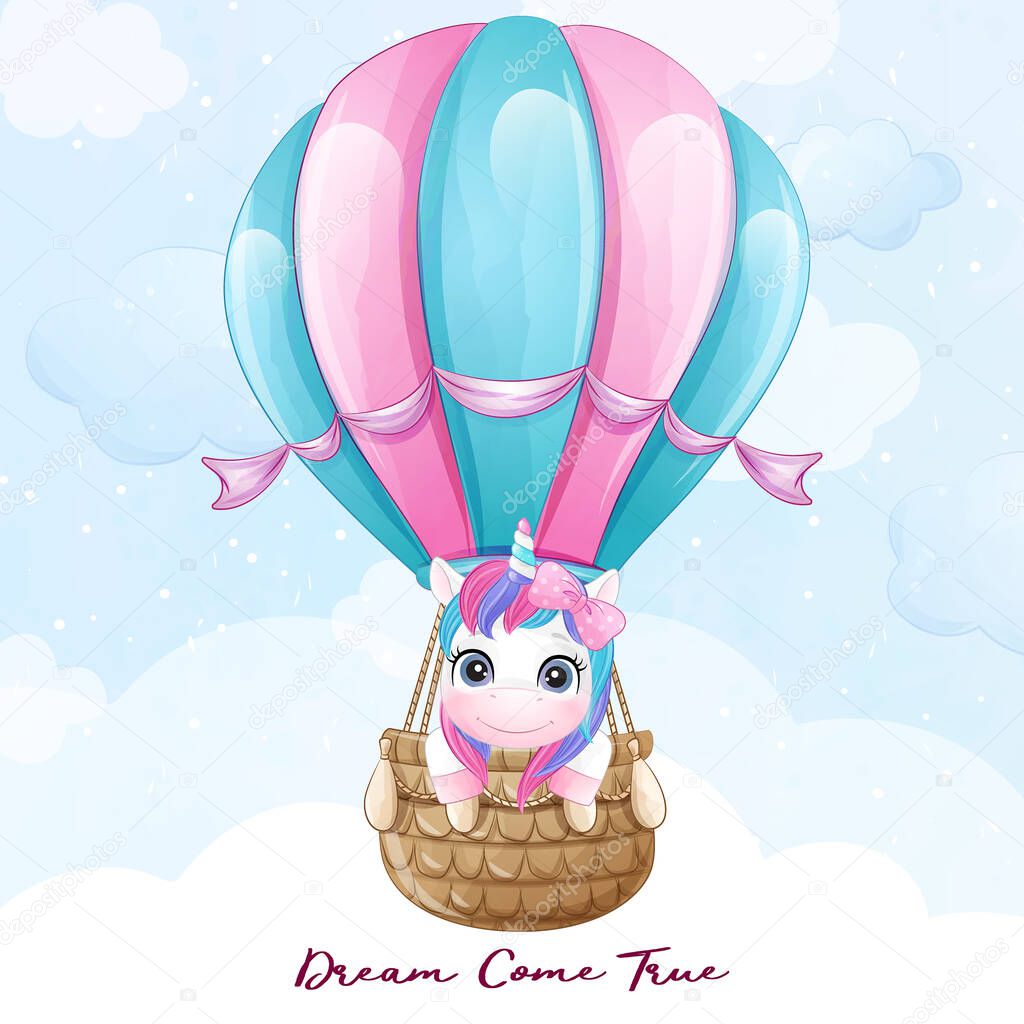 Cute doodle unicorn flying with air balloon illustration