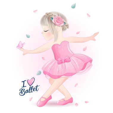 Suluboya resimli şirin küçük kız balerin.