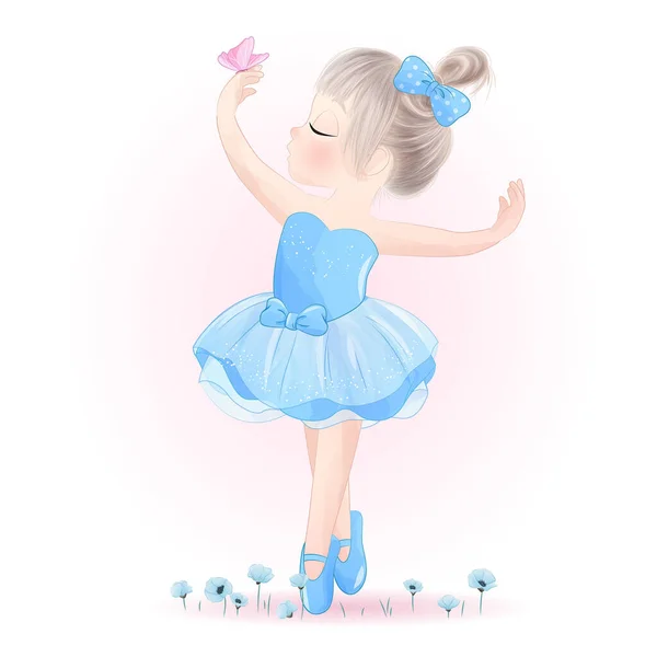 可爱的小女孩芭蕾与水彩画 — 图库矢量图片
