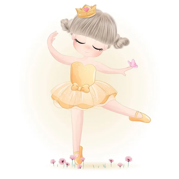 Carina Ballerina Bambina Con Illustrazione Acquerello — Vettoriale Stock