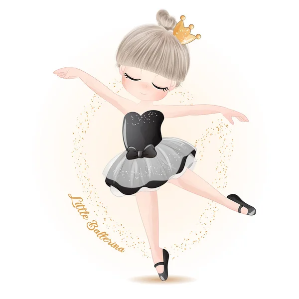 Söt Liten Flicka Ballerina Med Akvarell Illustration — Stock vektor