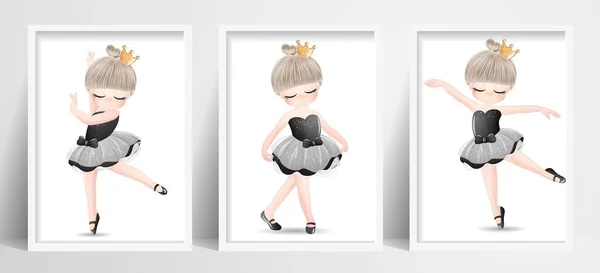 Söt Liten Flicka Ballerina Set Med Akvarell Illustration — Stock vektor