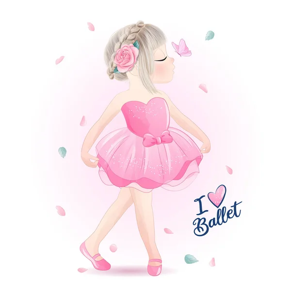 Söt Liten Flicka Ballerina Med Akvarell Illustration — Stock vektor