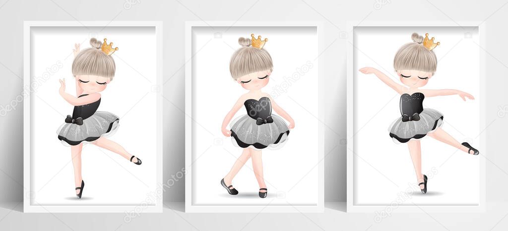 Cute little girl ballerina set with watercolor illustration