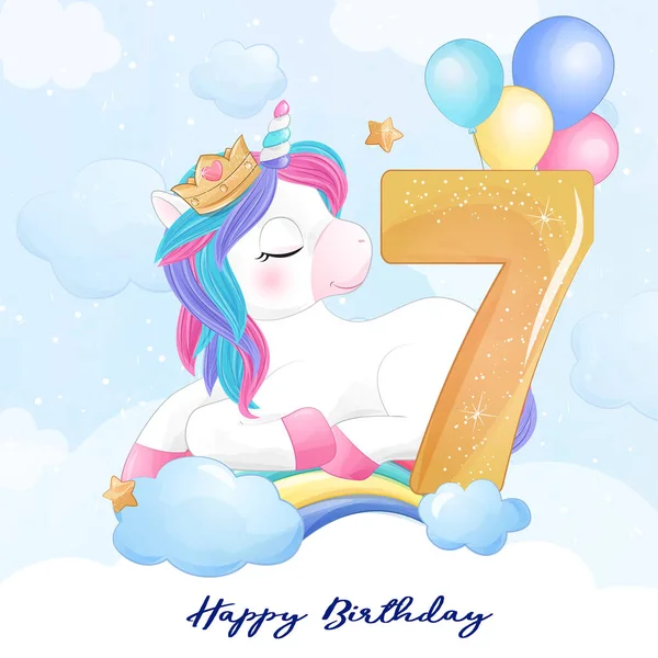 Cute Doodle Unicorn Numbering Illustration — Stock Vector