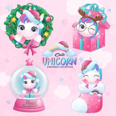 Suluboya resimli şirin karalama unicorn noel seti