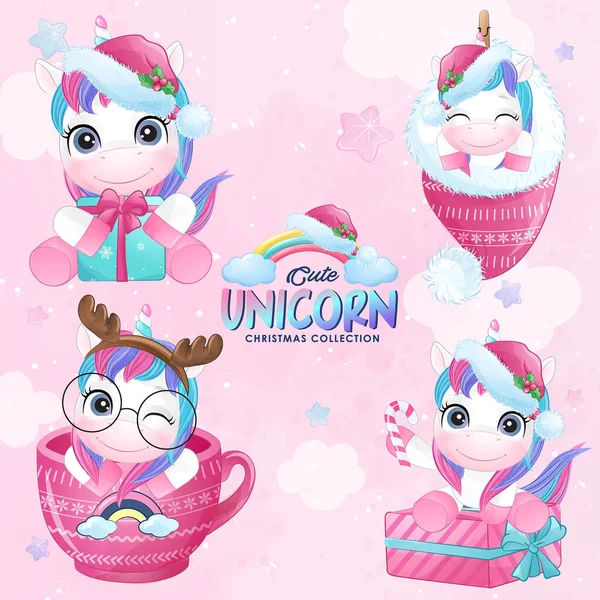 Suluboya Resimli Şirin Karalama Unicorn Noel Seti — Stok Vektör