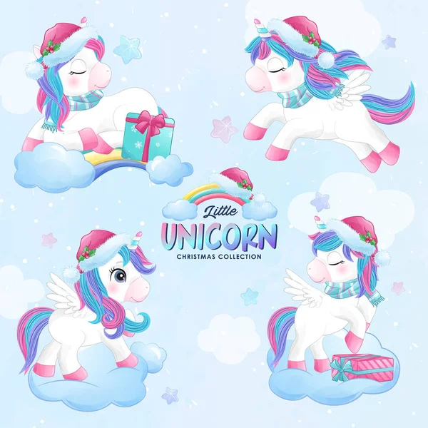 Cute Doodle Unicorn Christmas Set Watercolor Illustration — Stock Vector