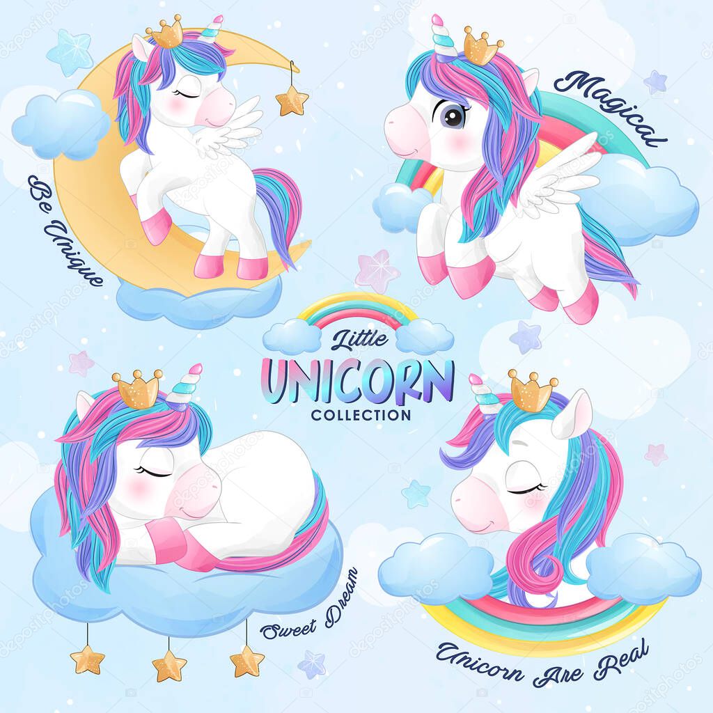 Cute doodle unicorn set with watercolor illustration