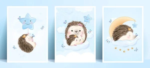 Cute Doodle Hedgehog Set Watercolor Illustration — Stock Vector