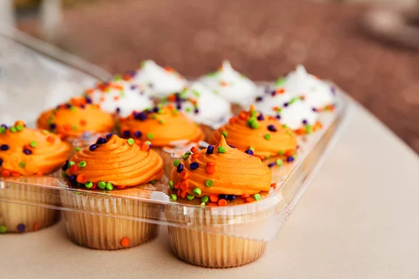 Tasty MIni Cupcakes In A Plastic Box As a Dessert For Birthday Party, Selective Focus